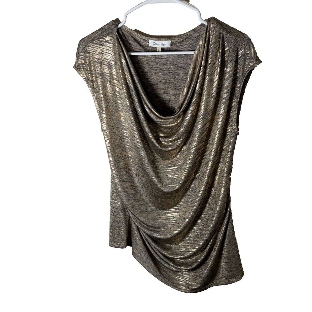 Calvin Klein Blouse Women's Large Cowl Neck Metallic Cap Sleeve Top Shirt